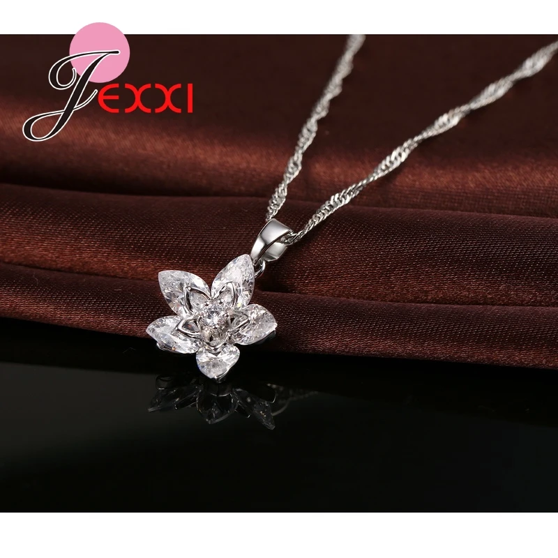 925 Sterling Silver Austrian Crystal Female Jewelry Sets Fashion Flower Design Shiny Necklace and Earring Set for Women | Украшения и