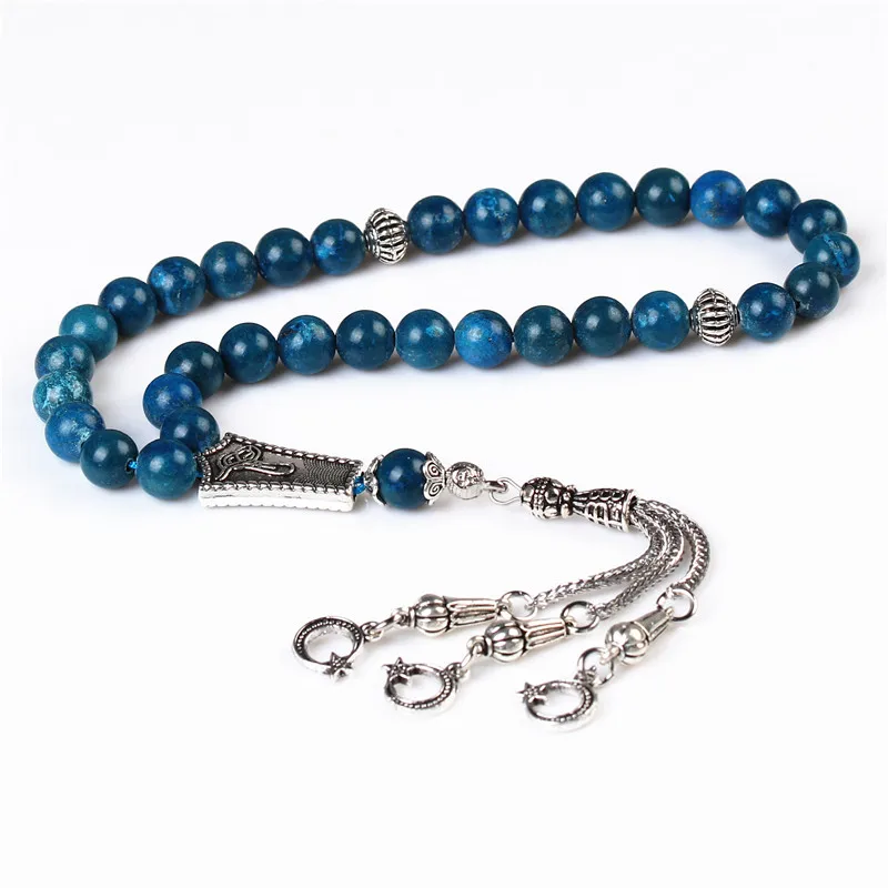 LOSHEREN синий камни Tasbih 33 бусины роскошный Четки для мужчин мусульманских Misbaha Ислам Четки Браслеты камень Tespih - Окраска металла: Покрытие антикварным серебром