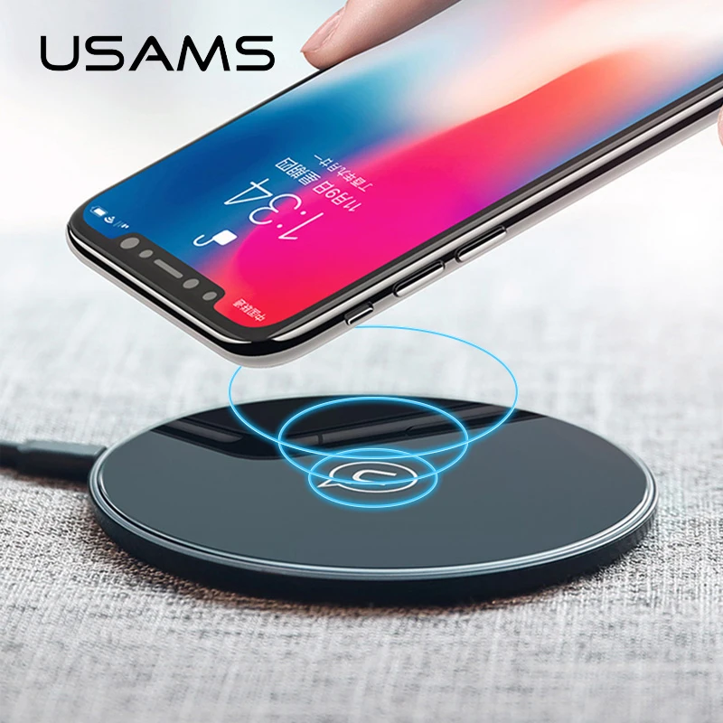 USAMS Qi Беспроводное зарядное устройство для iPhone X/XS Max XR 8 8 Plus 10 Вт 5V2A стекло быстрая Беспроводная зарядка для samsung S8 S9/S9+ Note 9 8