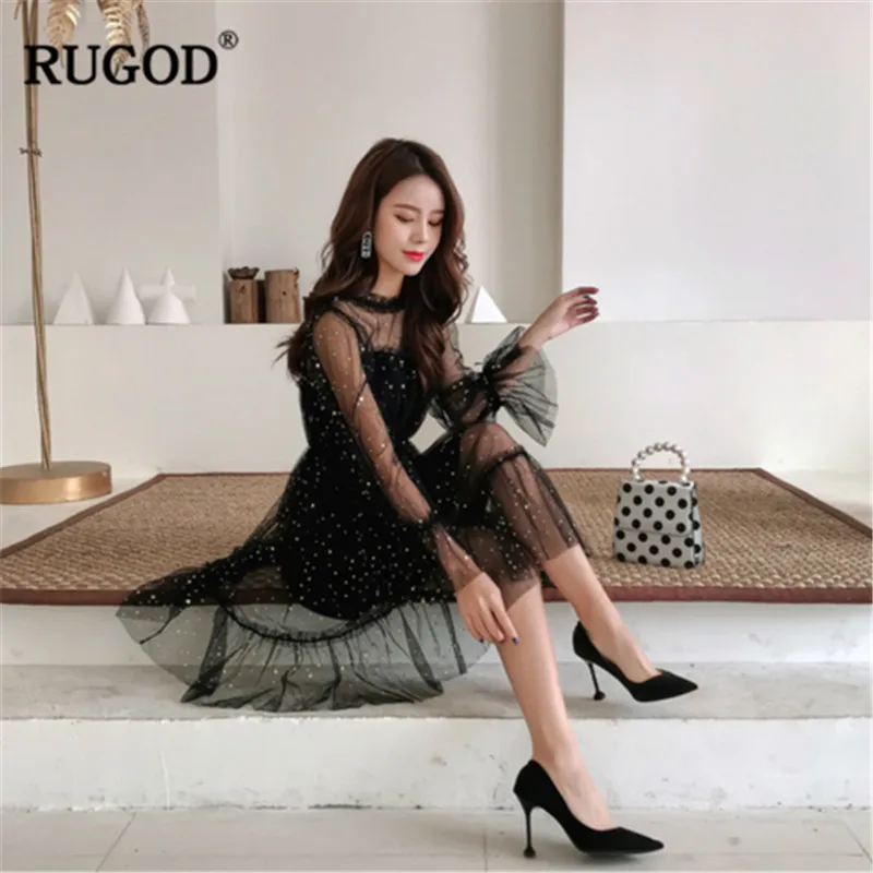 Женское платье с расклешенными рукавами RUGOD кружевное Сетчатое до колена