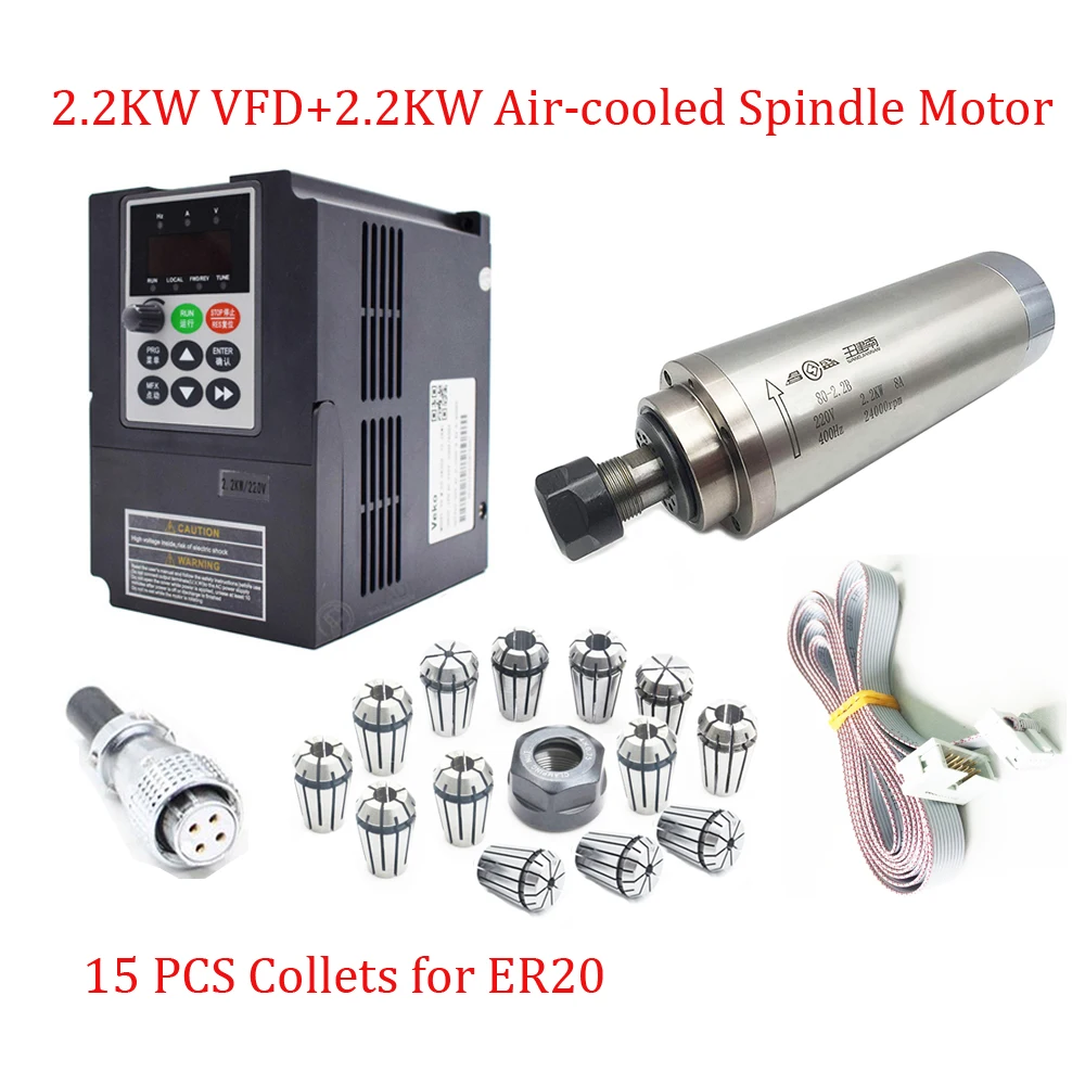 ER20 4Bearings CNC Spindle Motor Kit 2.2KW 380V 24000rpm Water-cooled Spindle+ 2.2KW VFD Inverter with 2M Cables Milling Routing