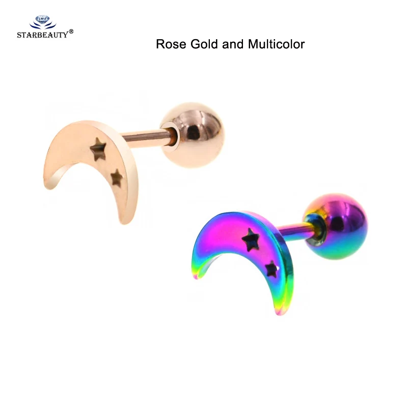 Rose Gold-Multicolor 2 шт./партия 1,0x6 мм Горячая звезда Луна хряща серьги шпилька Спираль пирсинг для пупка пирсинг Oreja пирсинг Orelha уха ювелирные изделия - Окраска металла: Rose Gold-Multicolor