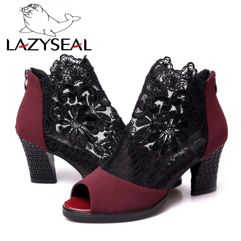 LazySeal/обувь в гладиаторском стиле; женские босоножки; Летние Босоножки с открытым носком; обувь на высоком квадратном каблуке 7 см с закрытой пяткой; летние сапоги из сетчатого материала на молнии