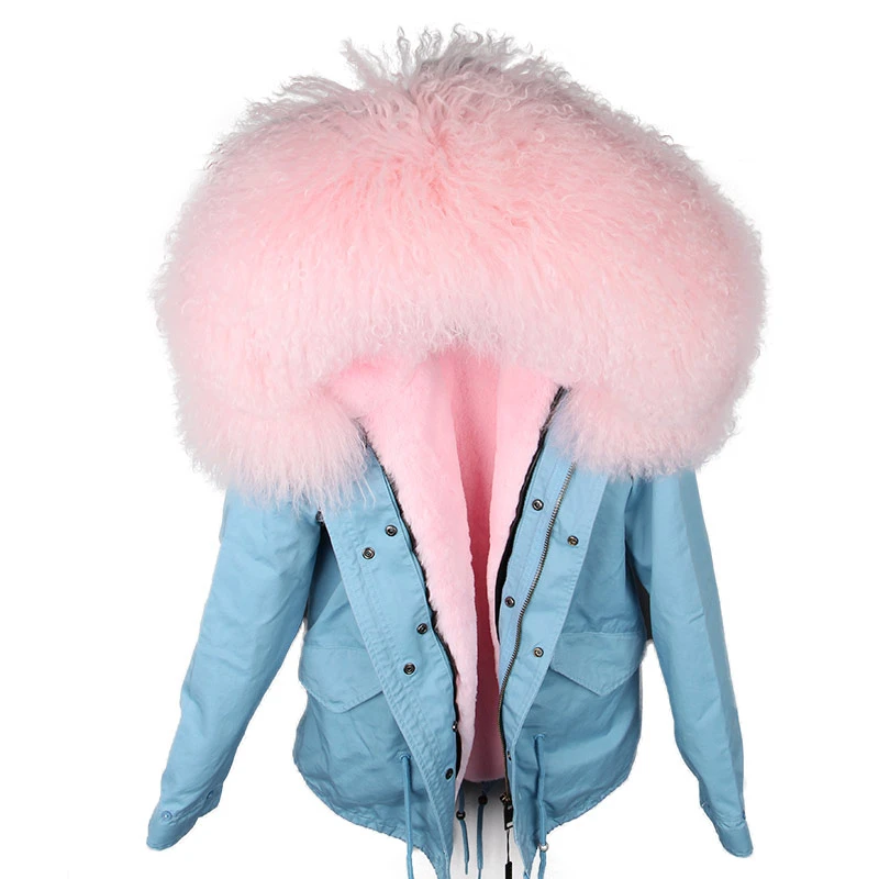 sky pink Parka Real Fur Coat Winter Jacket Women Real Mongolia Sheep Fur Parkas Thick Warm Luxury Detachable Outerwear Streetwear - Цвет: sky pink