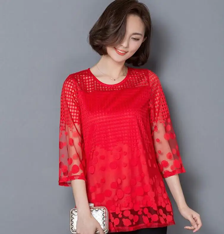 Размера плюс M-5XL осень 2016 новые женские кружевные рубашки блузка в горошек