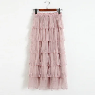 

OLGITUM 2020 Spring New Arrival Korean Elastic Waist Joint Gauze Cake Skirt Ball Gown Cute Causal Women Skirt Long 3 COLOR SK128
