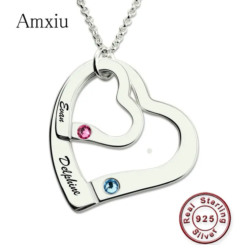 

Amxiu Personalized 925 Sterling Silver Necklace Engraved Two Names Heart Necklaces Pendants Custom Friends Family Name Necklace