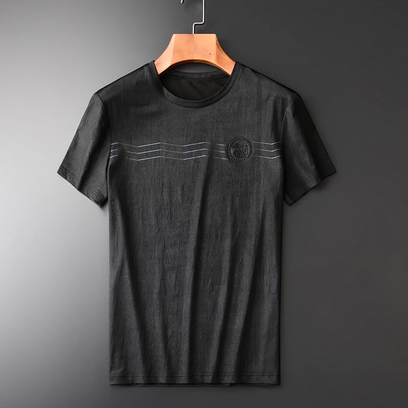 Minglu протектор Для мужчин футболки класса люкс льда шелка морщинка ткань круглый