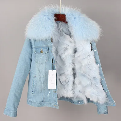 7 OFTBUY зимняя женская куртка с натуральным мехом, короткое пальто, парка с воротником из натурального енота, с лисьим мехом, с дырками, джинсовая куртка, уличная одежда - Цвет: 7