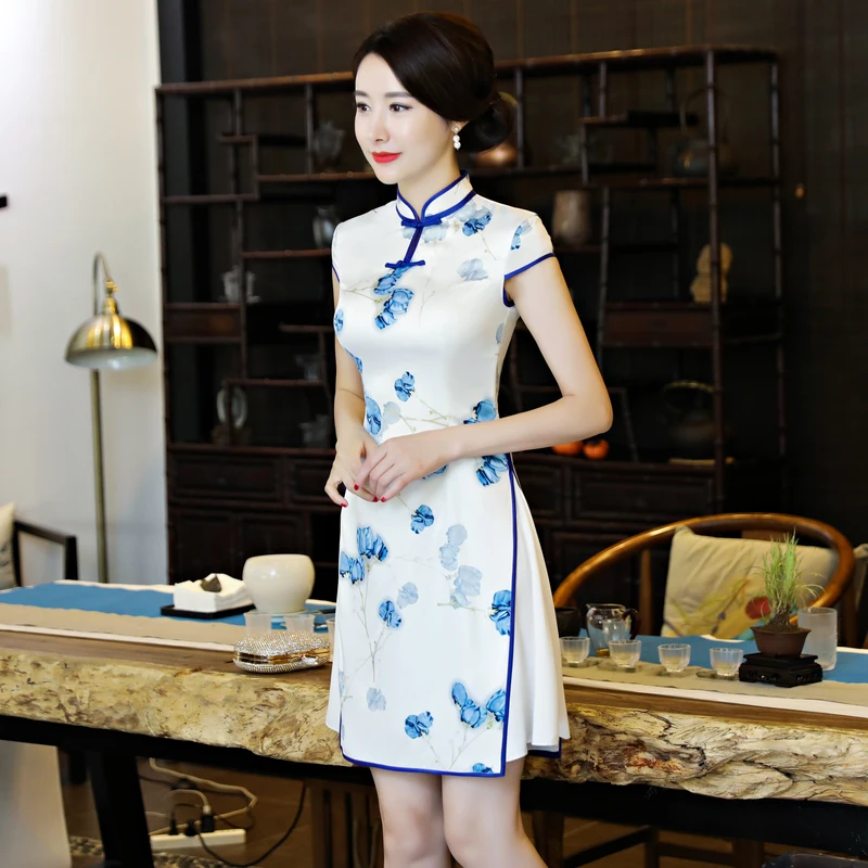 Шанхай история искусственного шелка короткие Cheongsam красный Qipao платье в