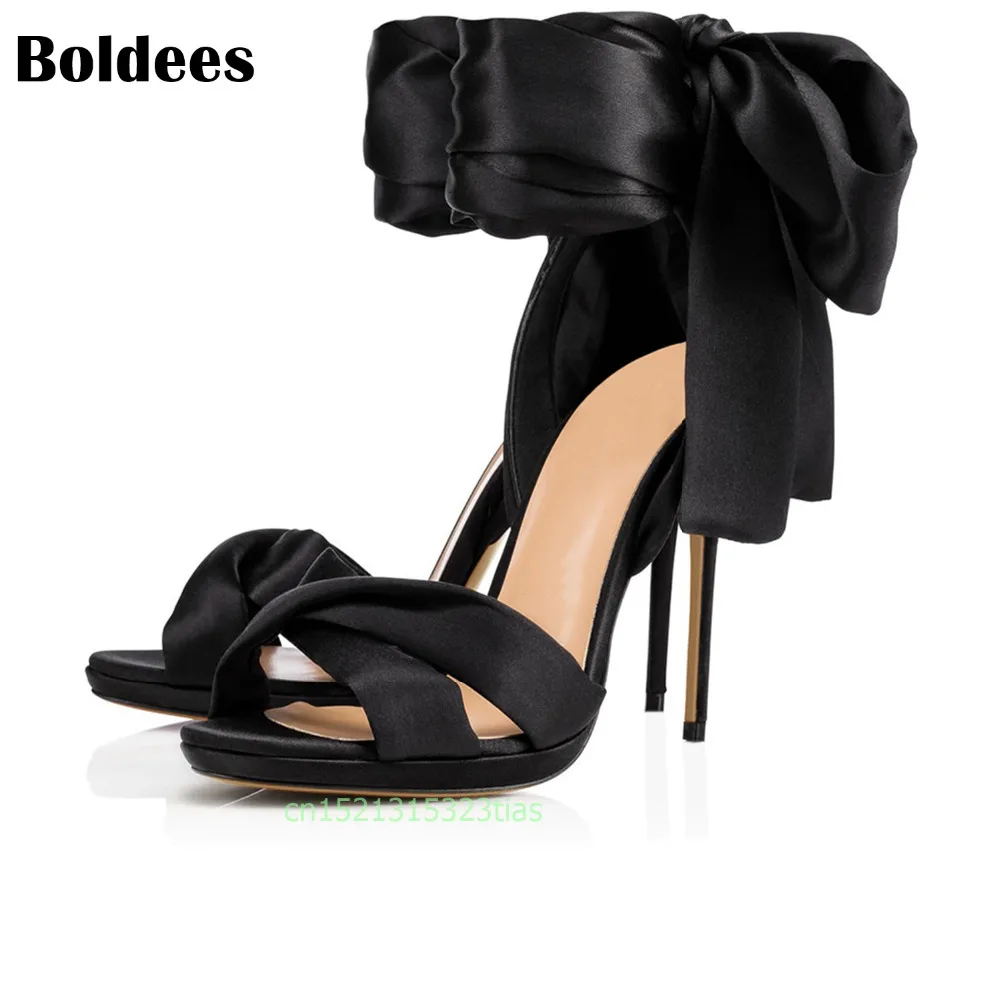 

Boldees Concise Satin Big Bowtie Knot Gladiator Women Sandals High Heels Sexy Women Heel Sandals Summer Shoes