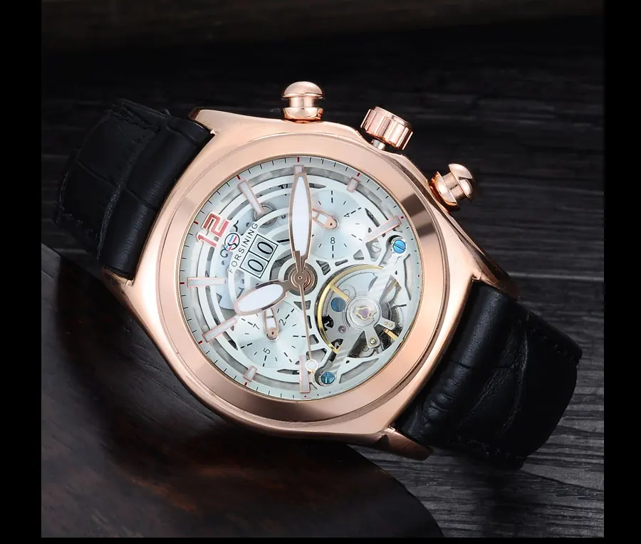 Forsining выпуклая стеклянная стильная Tourbillion 3D дизайнерская Натуральная кожа ремешок мужские часы лучший бренд класса люкс автоматические часы