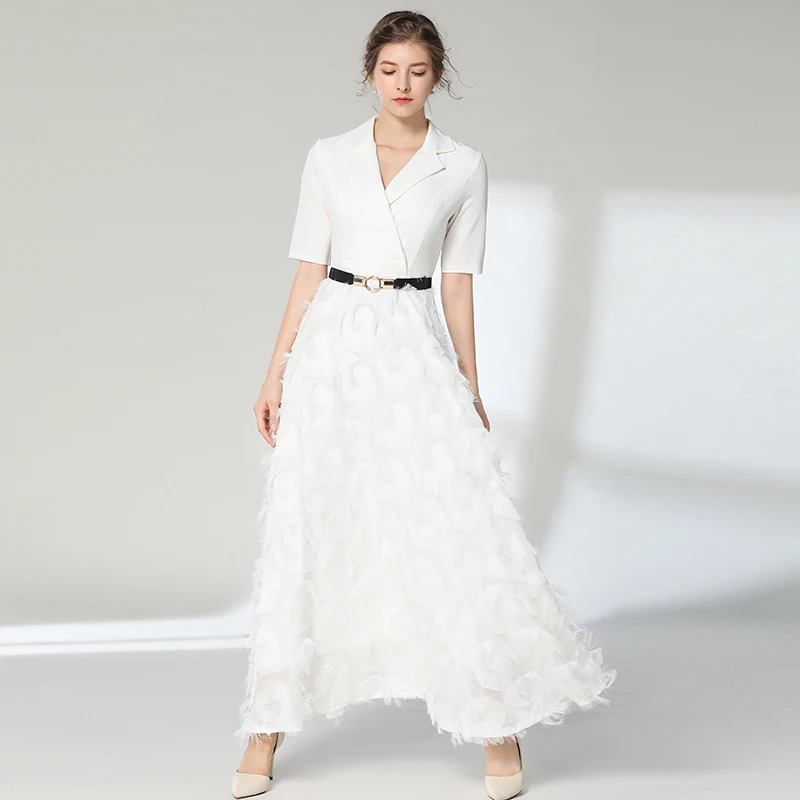 Женское платье с кисточками и перьями длинное вечернее коротким рукавом