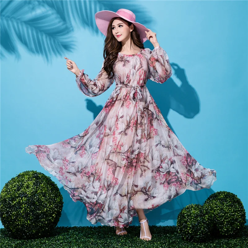 2019 длинное шифоновое платье макси с цветочным принтом в стиле бохо большие