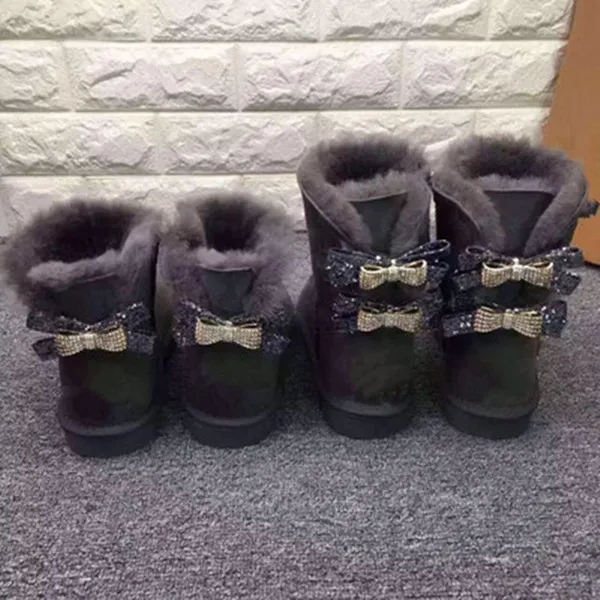Серый Г., модные женские зимние сапоги из натуральной овечьей кожи с двумя бантами женские сапоги до середины икры из натуральной овечьей кожи женская обувь - Цвет: Серый