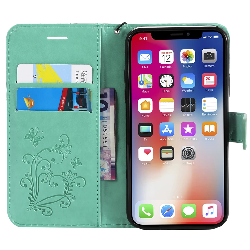 Двойной кожаный чехол с 3D бабочкой для iPhone X XS Max XR, чехол для телефона iPhone 6, 6s, 7, 8 plus, 10, 5, 5SE, 5S, SE, кошелек, Funda Capa