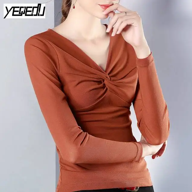 #3811 сплошной цвет Футболка глубокий v-образным вырезом Sexy большой stretch весна/осень