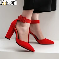 eokkar 2019 office lady square high heel dress shoes flock pointed toe buckle strap pumps shoes for women black shoes size 34 43