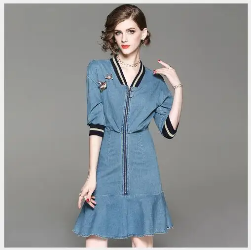 Женское платье 2018 новой осени модное облегающее из денима русалка для женщин повседневное платье с V-образным вырезом и короткими рукавами высокого качества.