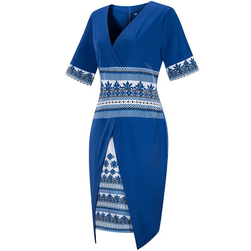 Women Summer Dress Sexy V Neck Plus Size Ladies Office Work Short Sleeve Pencil Ethnic Print Retro Big Vestidos | Женская одежда
