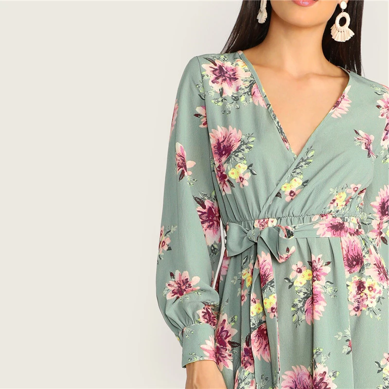 SHEIN Асимметричное Платье С Глубоким Вырезом И Длинным Рукавом Летнее Винтажное Платье С Цветочным Принтом