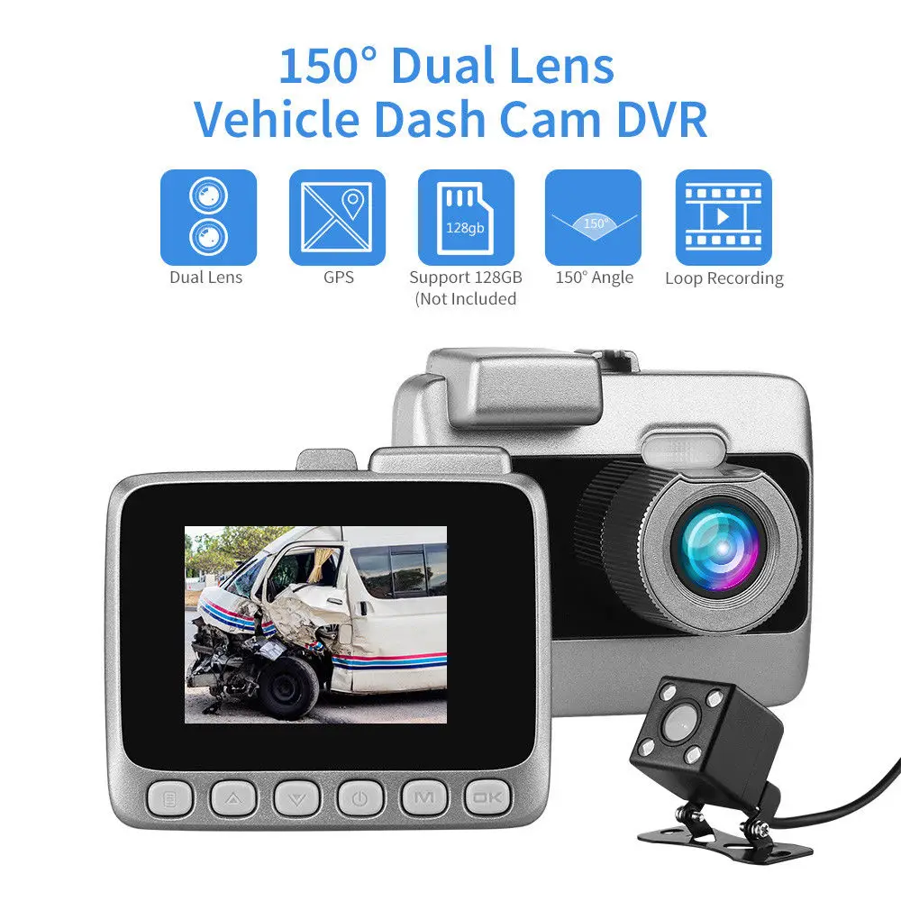 Автомобильный видеорегистратор с двумя объективами 2 дюйма угол 150 градусов F2.0 HD