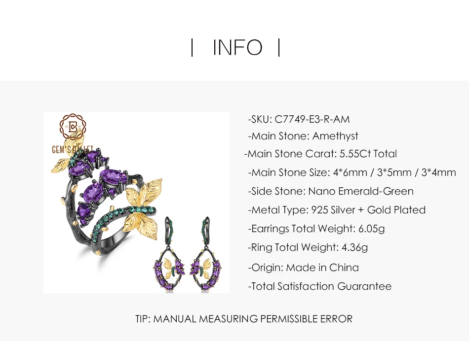 GEM'S балет 5.55Ct натуральный набор украшений с аметистом 925 пробы серебро ручной работы регулируемое кольцо серьги наборы для женщин Свадебные