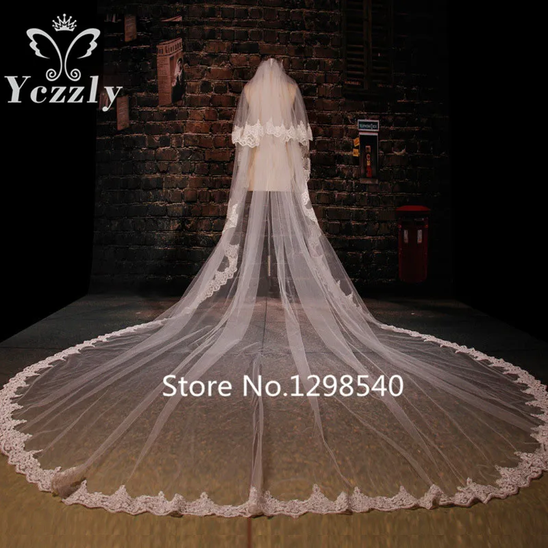 Дешевые Белый/Слоновая Кость 2 Т Длинные Края Шнурка Собор Свадебная Фата С