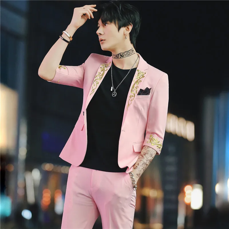 Pink Роскошные свадебные костюмы с вышивкой, мужской костюм, Homme, короткий рукав, комплект из 2 предметов, приталенный, Повседневный, смокинг, Terno Smoking Homme Mariage - Цвет: Pink