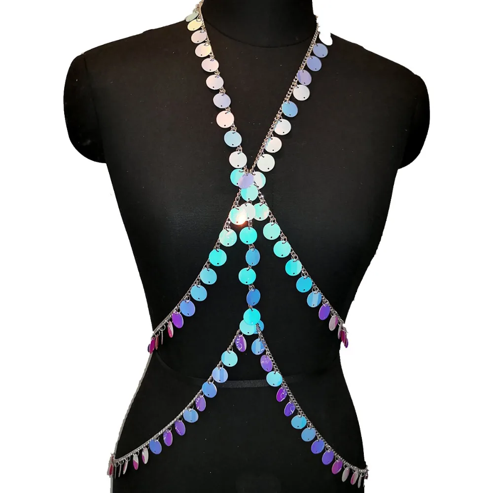 

Holographics Disco Seascale Crop Top Belly Waist Belt Chain Necklace Rave Bra Festival Costume Wear Belly Dancer Jewelry CRS604