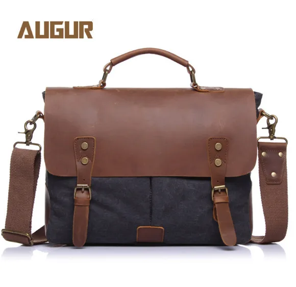 Vintage casual men's portable briefcase canvas postman bag Messenger with crazy horse leather 14 Inch Laptop Bag Cross Body |