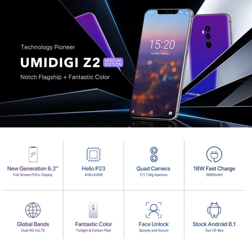 Umidigi Z2 специальное издание глобальная версия 4G Смартфон Android 8,1 4 Гб+ 64 Гб Helio P23 Восьмиядерный 16 Мп+ 8 Мп 6,2 дюйма сотовый телефон