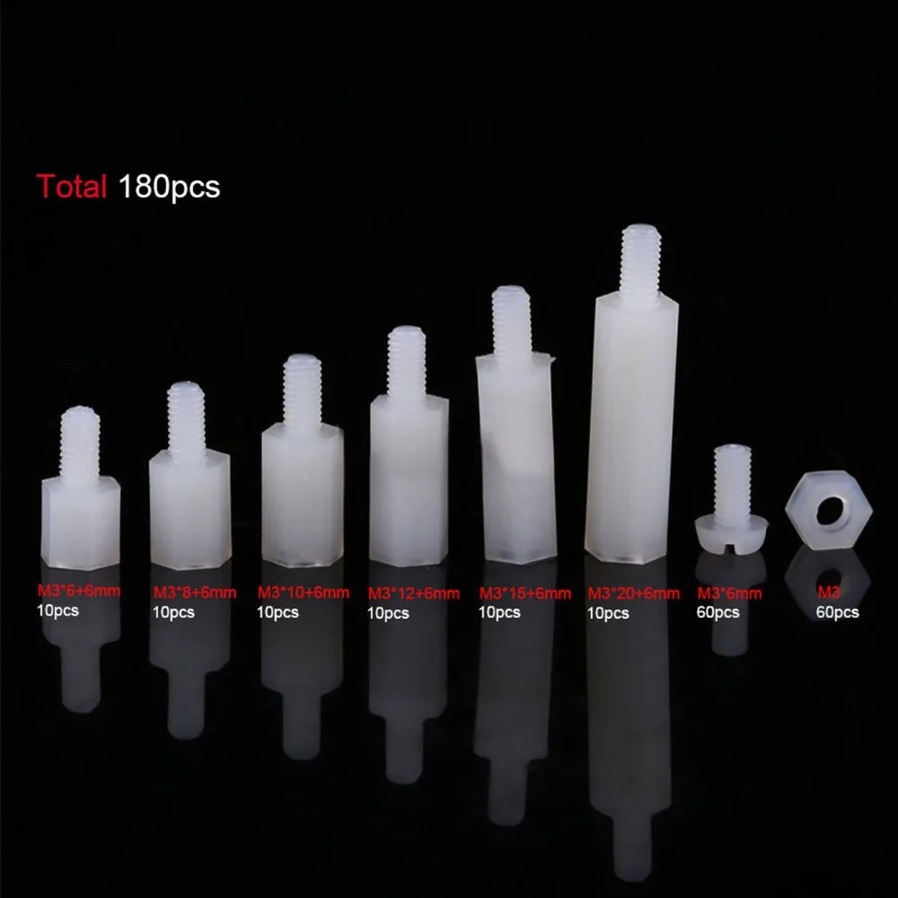 180 шт. M3 нейлоновые белые M-F шестигранные прокладки для винтов и гаек в