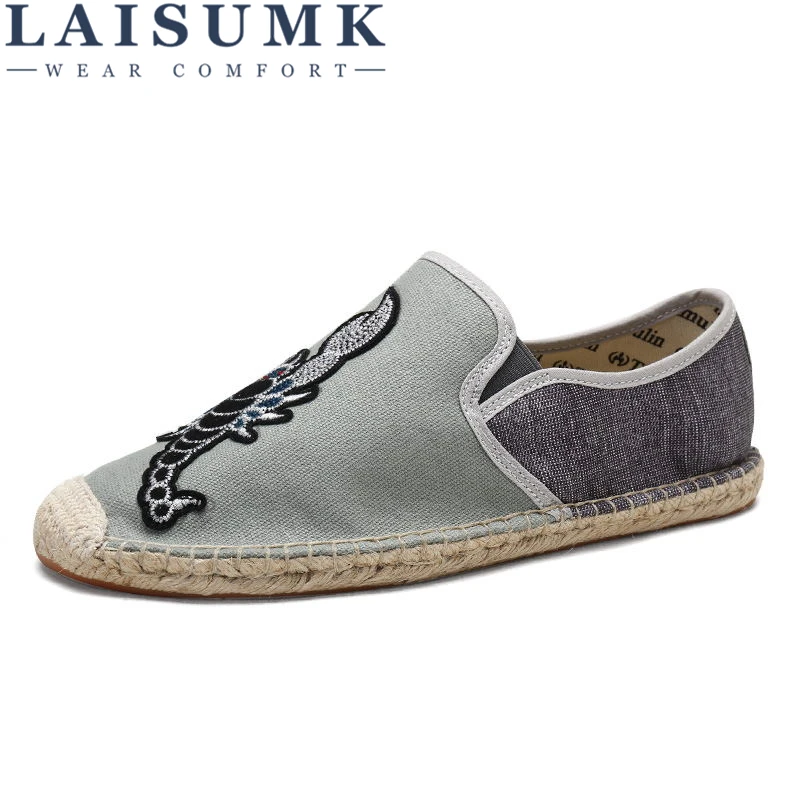 

LAISUMK Functional Spring Summer Canvas Espadrilles color blocking Loafers Gray/White/Black,Men Linen breathable Casual shoes