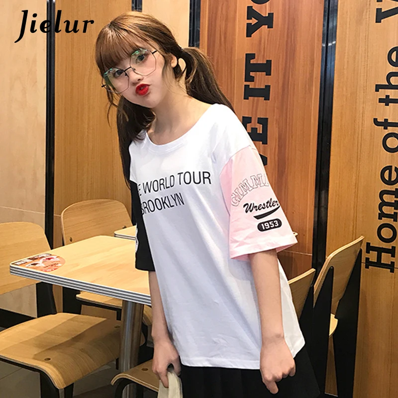 Jielur хит цвет женские футболки летние с буквенным принтом свободные белые круглым