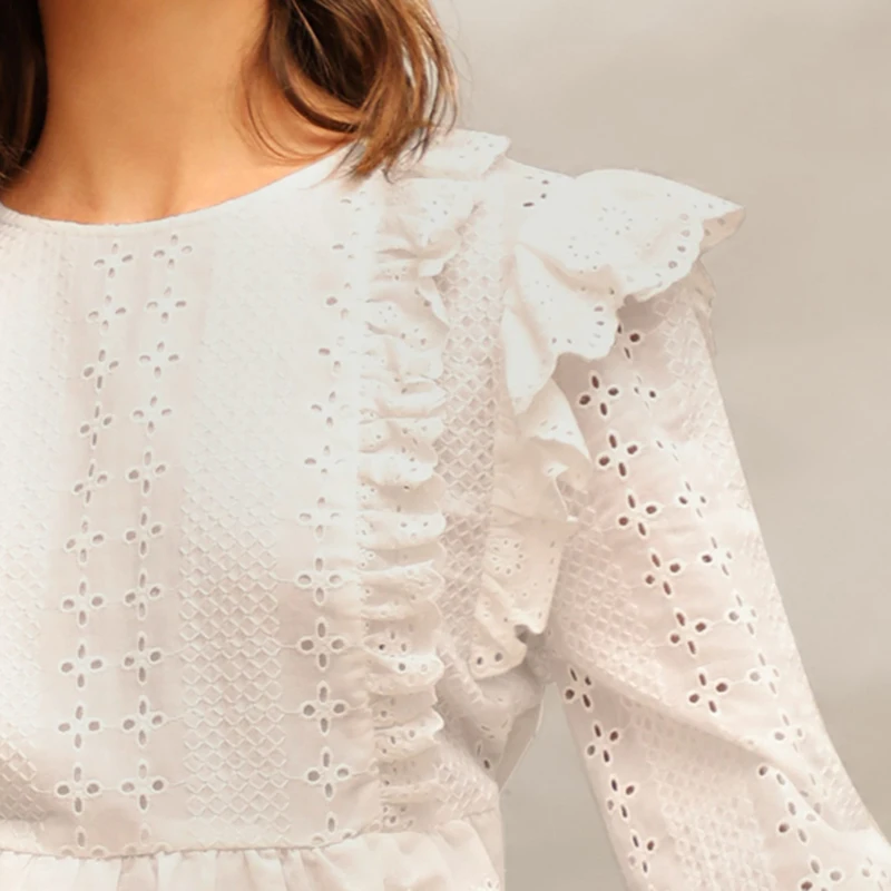 Dotfashion/белые однотонные Женские топы и блузки с рюшами и вышивкой, Весенняя Повседневная Корейская блуза с длинным рукавом в стиле бохо