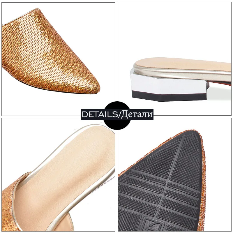 WETKISS Sequined Slippers Women Pointed Toe Footwear Slides Bling Shoes Female Low Heels Mules Woman Summer Plus Size 48 | Обувь