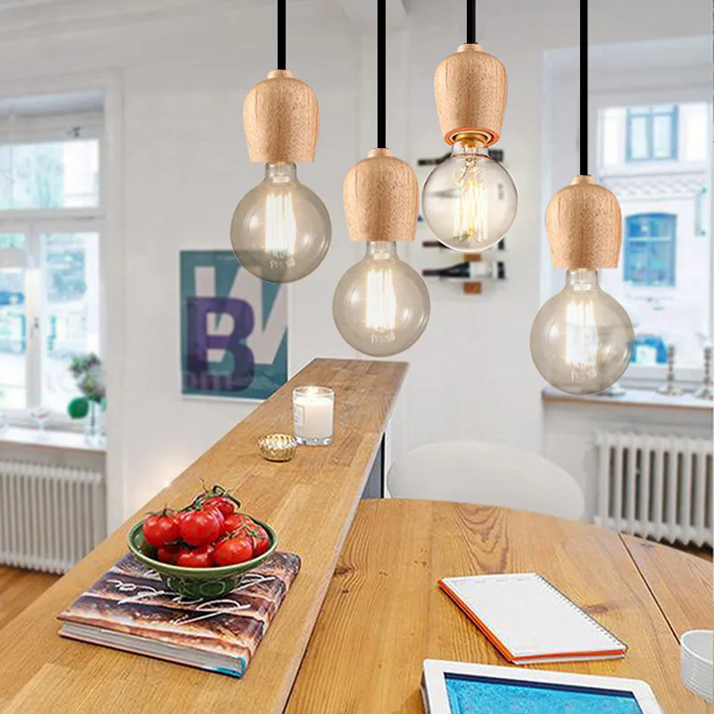 Modern Wood Pendant Lights Dining Room Cord Lamp Hanging Lighting Light Fixtures E27 Base Bedroom Suspension luminaire | Освещение