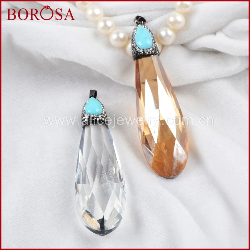 

BOROSA Druzy Jewelry Orange Long Drop Faceted Manmade Crystal Pendant With Pear Greenish Sky Blue Stone Paved Zircon JAB304