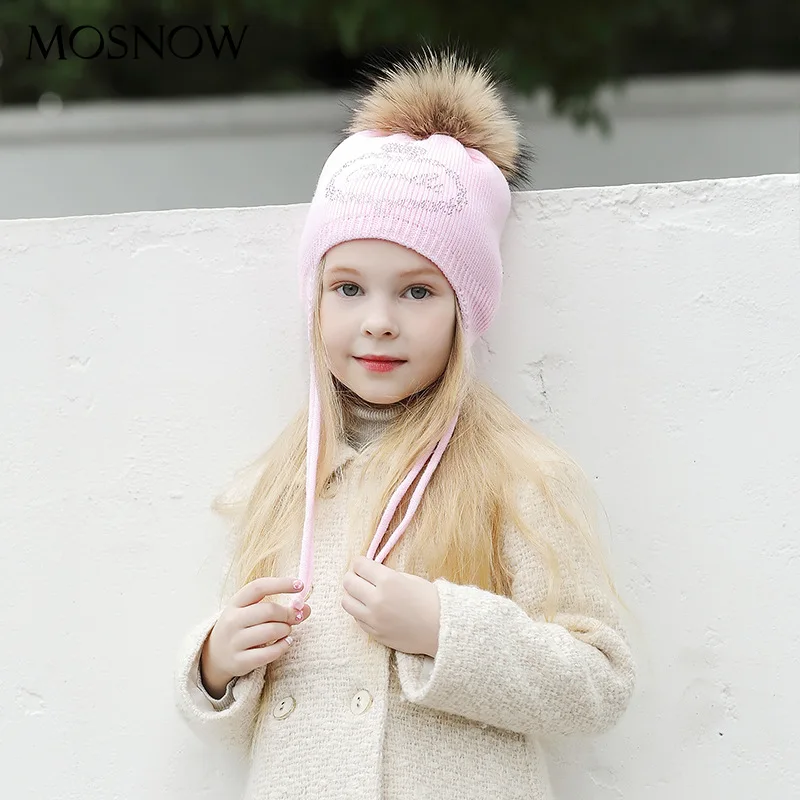 Детская теплая шерстяная вязаная шапка с помпоном енота для девочек детская