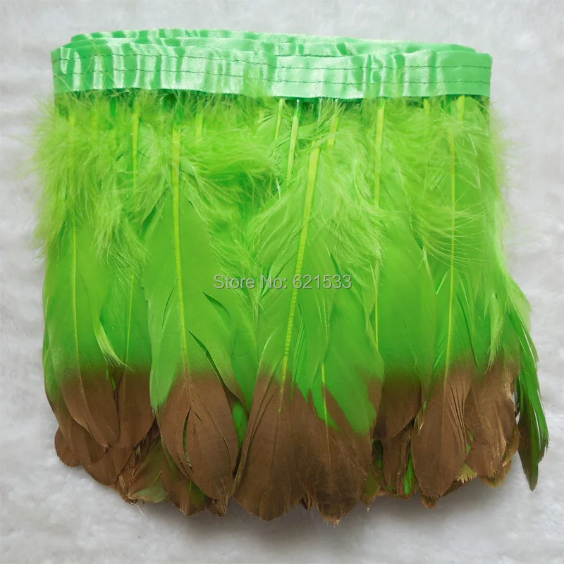 

Dipped Gold Dyed Green Goose Satinettes Feather Fringe Trims Height 5-6"Feathers Ribbon For Skirt Carnival Clothing Decoration,