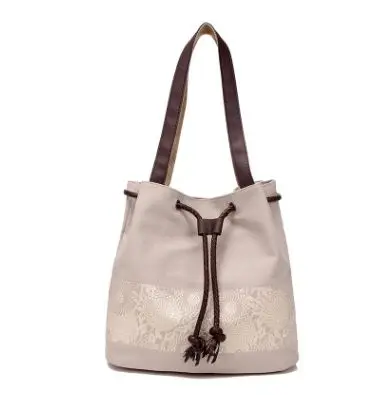 beige casual totes Женская модная сумка для покупок, Национальная Холщовая Сумка через плечо, сумки с цветочным принтом, Большая вместительная Повседневная сумка на шнурке - Цвет: beige casual totes