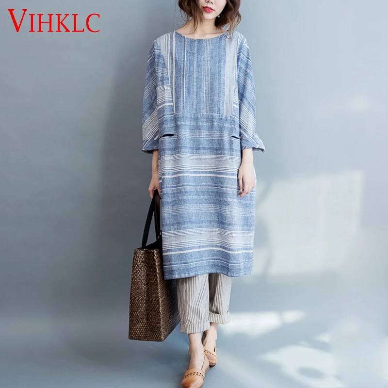Женщины Одеваются Большой Размер Полосатый Принт Хлопок и Лен Летом мода