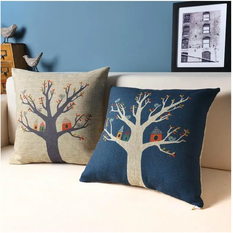 Милая подушка из хлопка с мультипликационным принтом птичка а дерево дом для