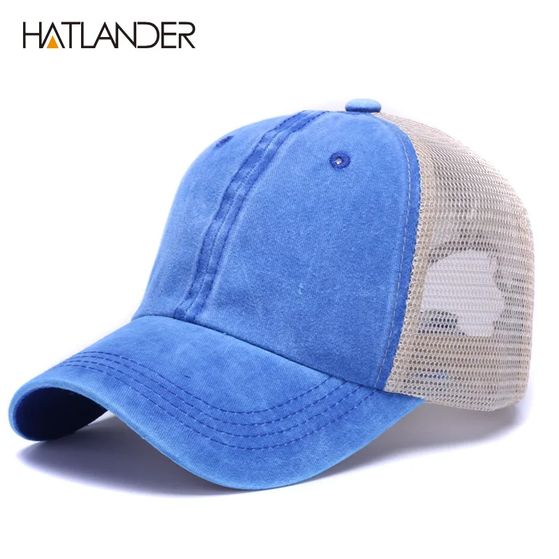 Blue HATLANDER, повседневные однотонные бейсболки, сетчатая Кепка для грузовика, уличная летняя кепка от солнца, сетчатая Кепка gorras chapeau, регулируемая хлопковая кепка snapback - Цвет: Blue