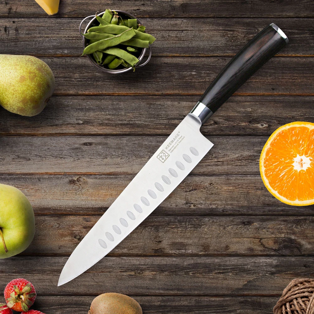 

SUNNECKO 8.5 inch Chef Knife German 1.4116 Steel Blade Chef's Santoku Kitchen Knives 56-58 Strong Hardness Color Wood Handle