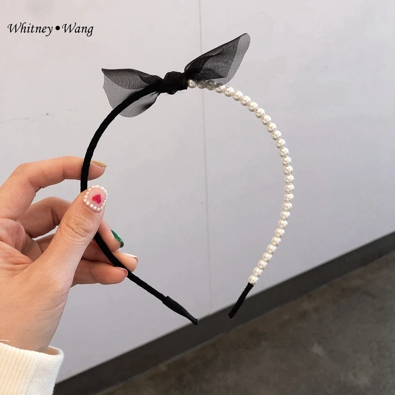 WHITNEY WANG корейский стиль ободок для волос женщин жемчуг бисер ассиметричный бант