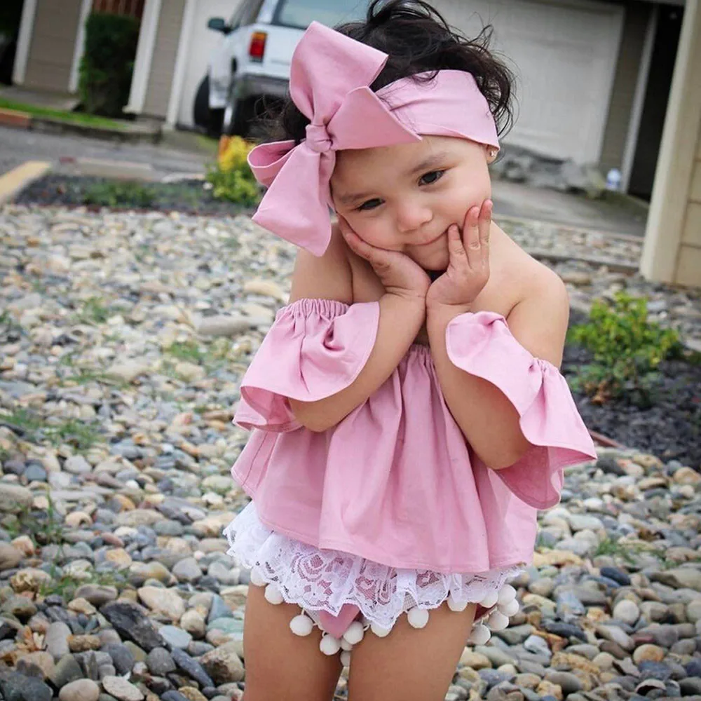 Casual Infant Cotton Suit baby girl boys clothe Set Toddler Kids Off Shoulder Ruffle T-Shirt Tops Summer Clothes Outfits | Детская