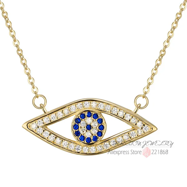 18K Gold Color Ожерелье с длинной цепочкой из калетина, цельное, 925 пробы, серебряное, с голубыми кристаллами Хамса, женское ожерелье с подвеской, Золотое ювелирное изделие - Окраска металла: 18K Gold Color