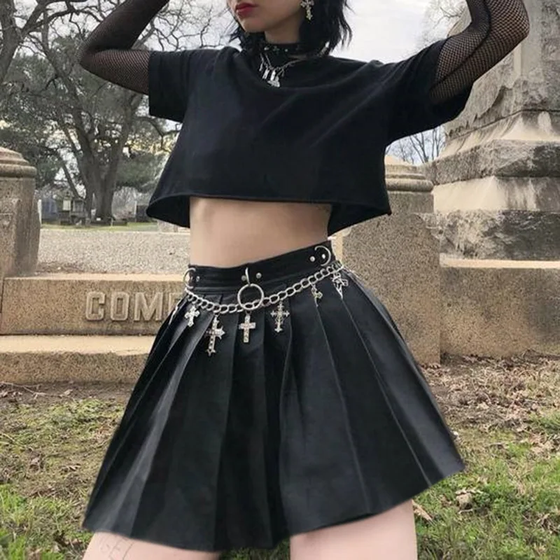 Raisvern женская готическая Черная модная плиссированная юбка Harajuku из искусственной кожи на молнии уличная однотонная черная летняя юбка